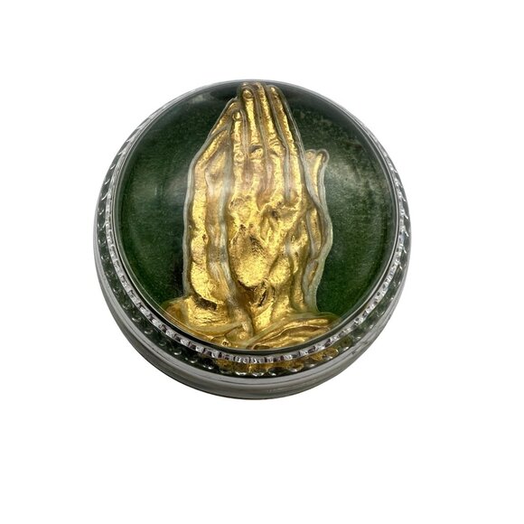 Vintage Glass Paperweight W/ Gold Praying Hands Design & Green Felt Base 3" - Picture 1 of 5